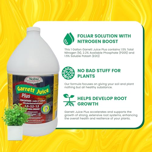 Medina Garrett Juice Plus -Liquid Plant Food & Fertilizer for Houseplants, Lawn, & Garden | Foliar Solution & Growth Enhancer, Ideal for Potted & Patio Plants | Nitrogen-Rich Liquid Fertilizer - 1 Gal