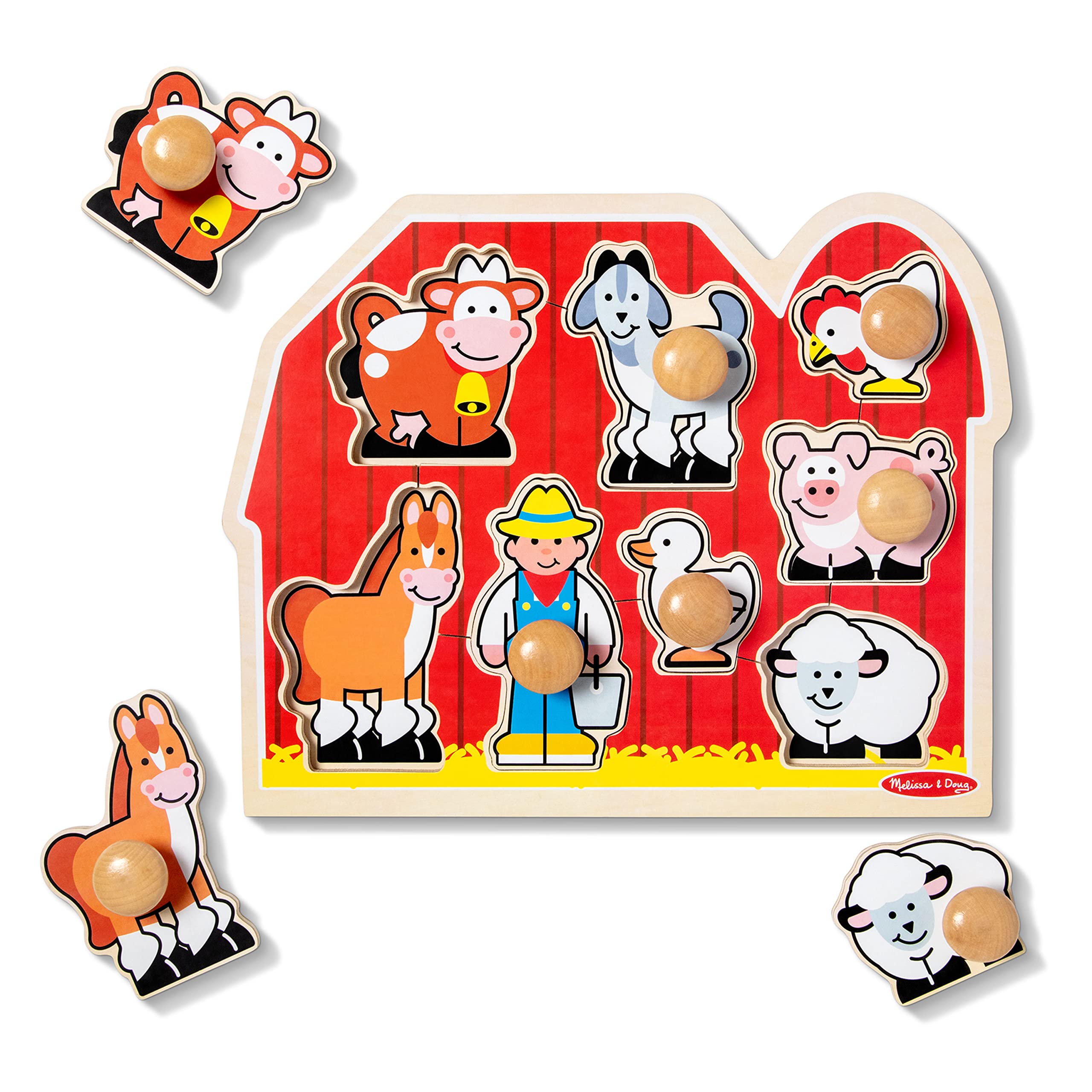 Melissa & Doug Farm Animals Jumbo Knob Wooden Puzzle - Wooden Peg Chunky Baby Puzzle, Preschoool Learning, Knob Puzzle Board For Toddlers Ages 1+