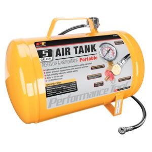 performance tool w10005 hi-viz 5-gallon horizontal portable air tank with tire air chuck , yellow