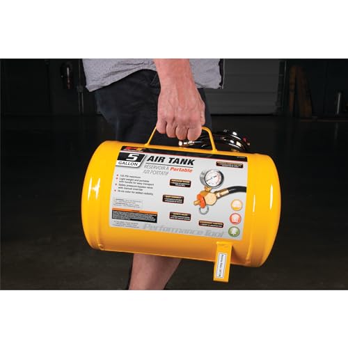 Performance Tool W10005 Hi-viz 5-Gallon Horizontal Portable Air Tank With Tire Air Chuck , Yellow