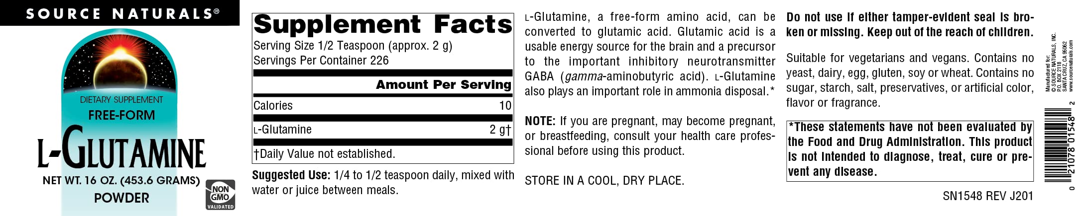 Source Naturals L-Glutamine, Free Form Amino Acid That Supports Metabolic Energy* - 16 oz Powder