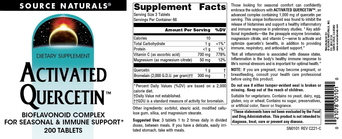 Source Naturals Activated Quercetin - Plant-Derived Bioflavonoid Complex - Seasonal & Immune Defense* - 200 Vegetarin Friendly Tablets