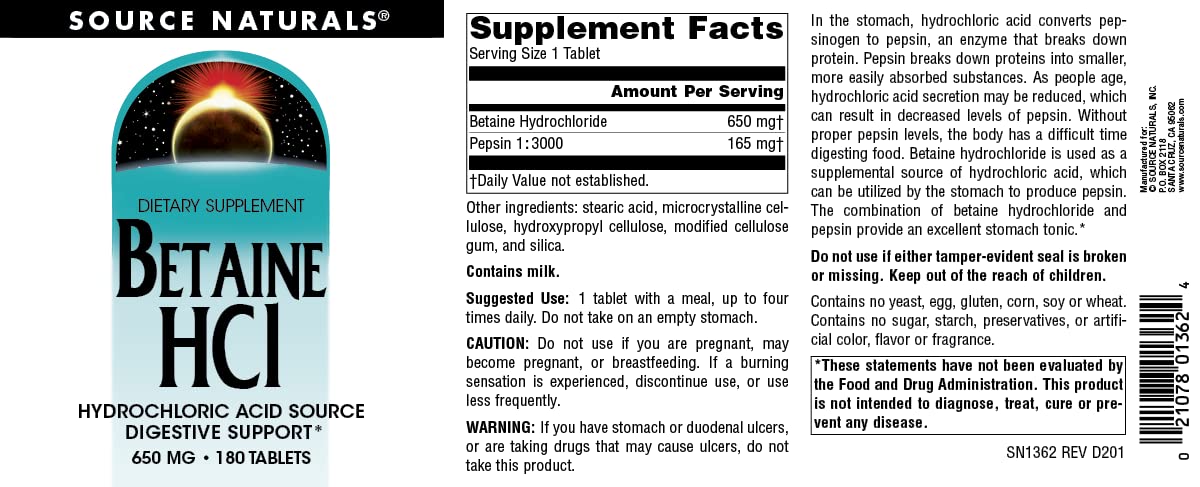 Source Naturals - Betaine HCl Hydrochloric Acid Source 650 mg. - 180 Tablets