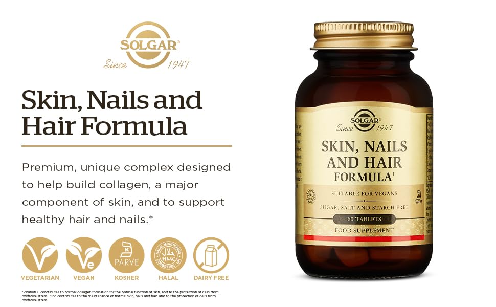 Solgar Skin, Nails & Hair, Advanced MSM Formula, 60 Tablets - Supports Collagen for Hair, Nail and Skin Health - Provides Zinc, Vitamin C & Copper - Non GMO, Vegan, Gluten & Dairy Free - 30 Servings