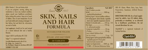 Solgar Skin, Nails & Hair, Advanced MSM Formula, 60 Tablets - Supports Collagen for Hair, Nail and Skin Health - Provides Zinc, Vitamin C & Copper - Non GMO, Vegan, Gluten & Dairy Free - 30 Servings