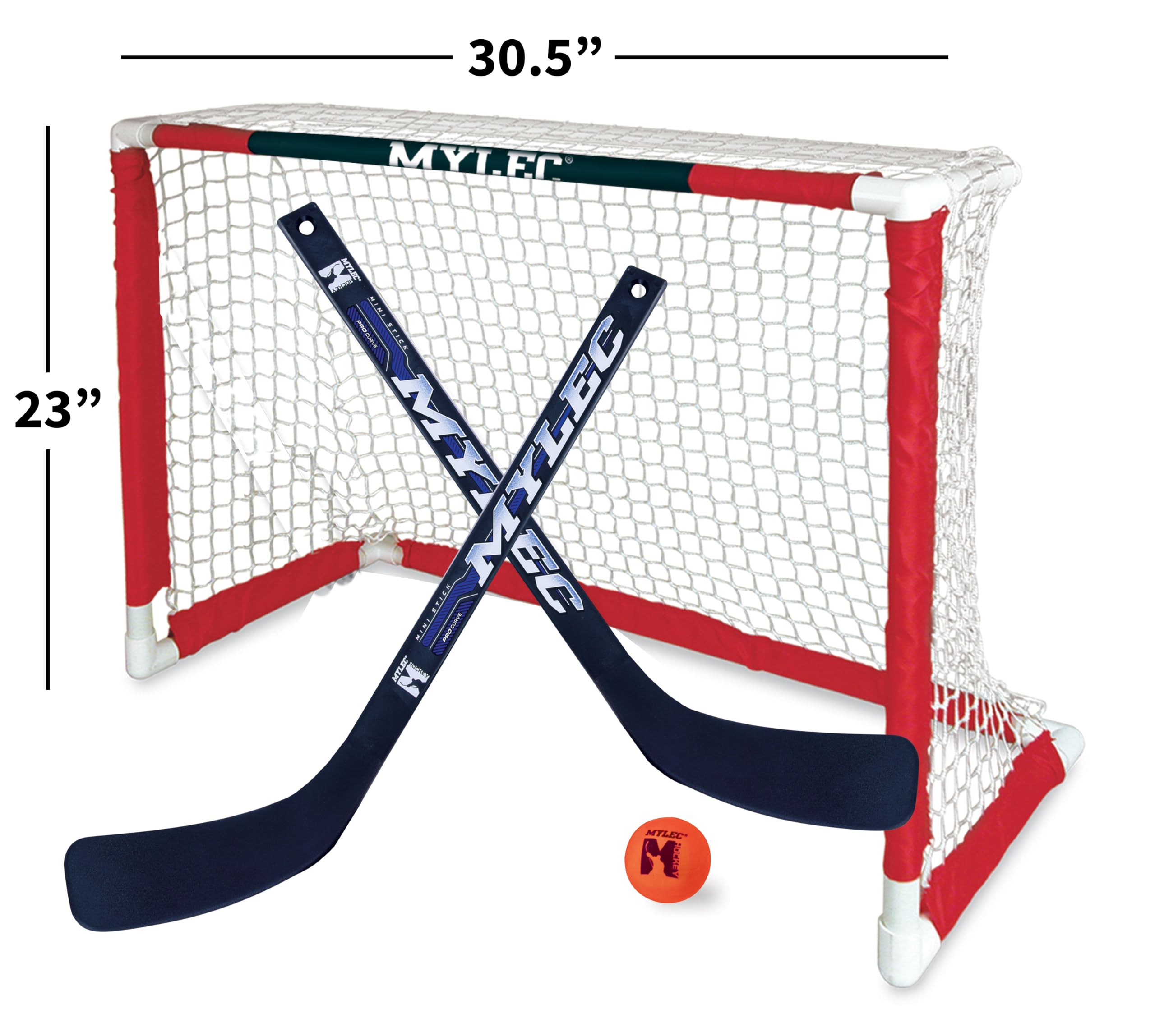 Mylec MINI Hockey Set - 1 x MINI PVC Hockey Goal (30.5" x 23"), 2 x Plastic MINI Player Sticks (Left and Right), 1 x Hockey Foam Ball, Lightweight, Sleeve Netting System (Red, 3 Pounds)