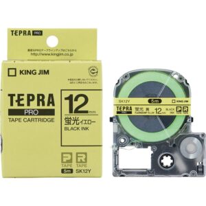 king jim sk12y tepra pro tape cartridge, color label (fluorescent color), 0.5 inches (12 mm), fluorescent yellow/black character, length 16.4 ft (5 m)