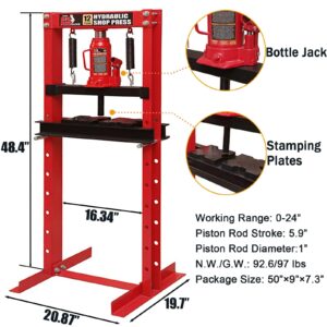 BIG RED T51201 Torin Steel H-Frame Hydraulic Garage/Shop Floor Press with Stamping Plates, 12 Ton (24,000 lb) Capacity, Red