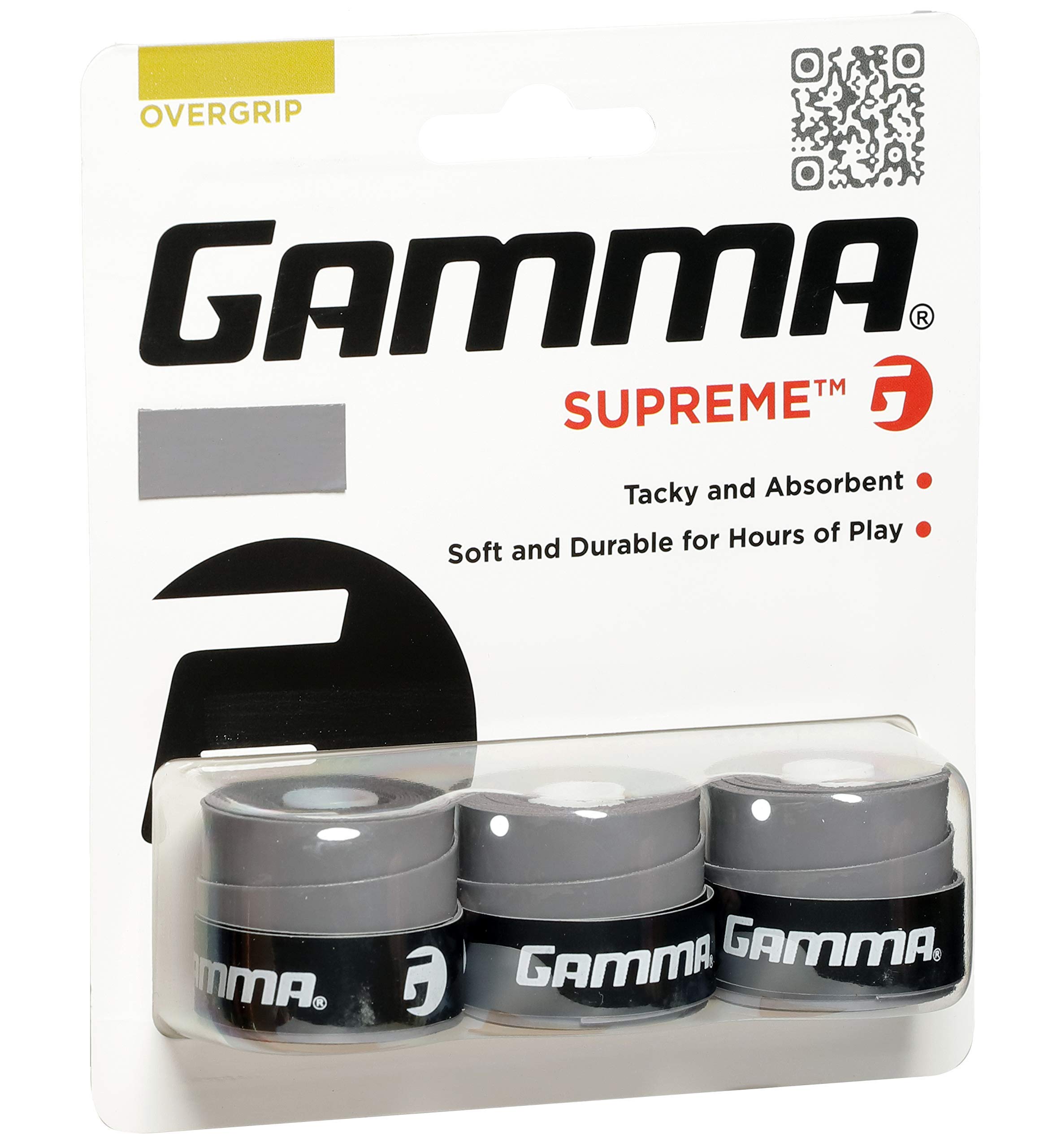 GAMMA Sports Supreme Overgrip for Tennis, Pickleball, Squash, Badminton, and Racquetball Racquets, 3-Pack, Grey