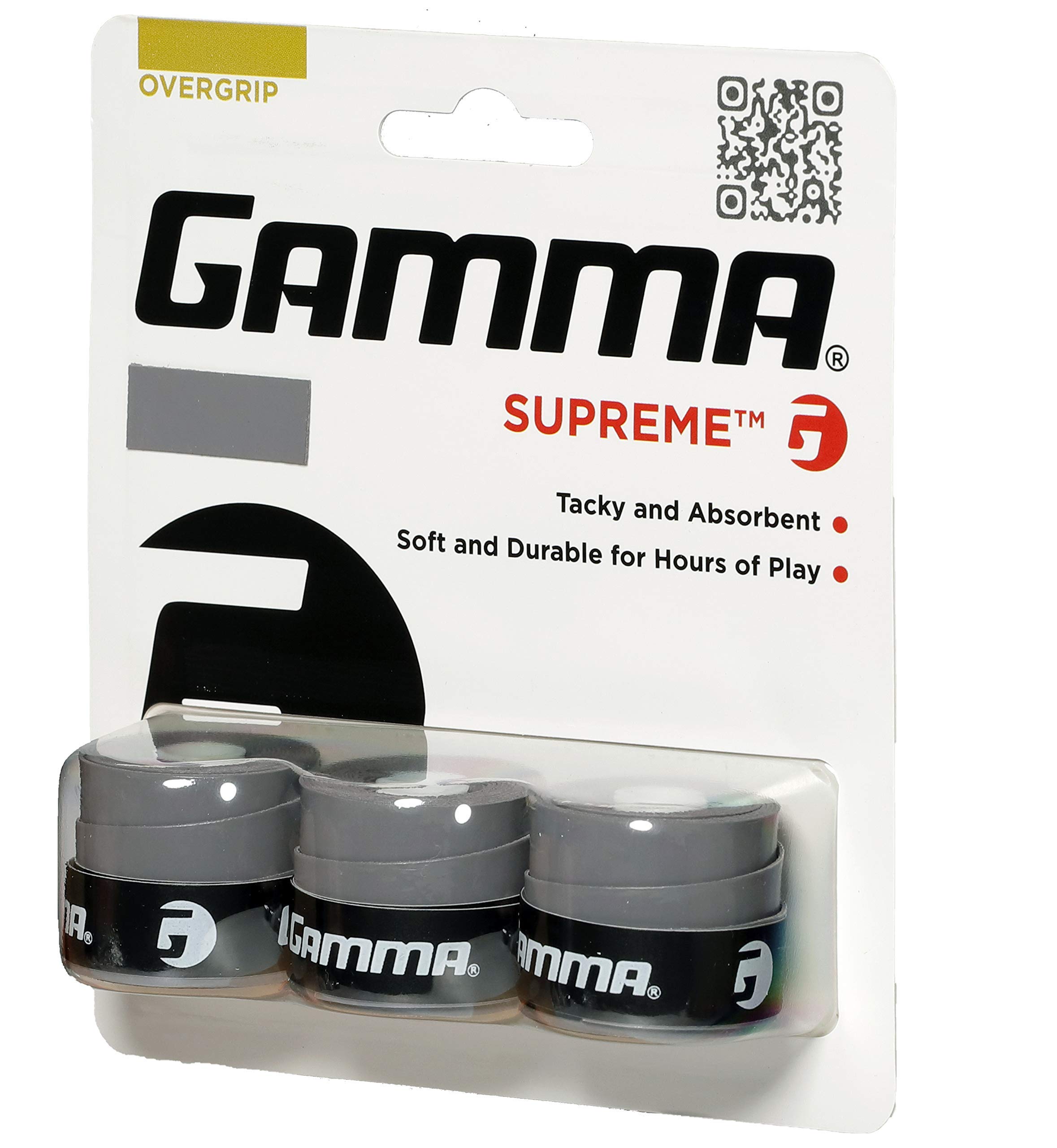 GAMMA Sports Supreme Overgrip for Tennis, Pickleball, Squash, Badminton, and Racquetball Racquets, 3-Pack, Grey