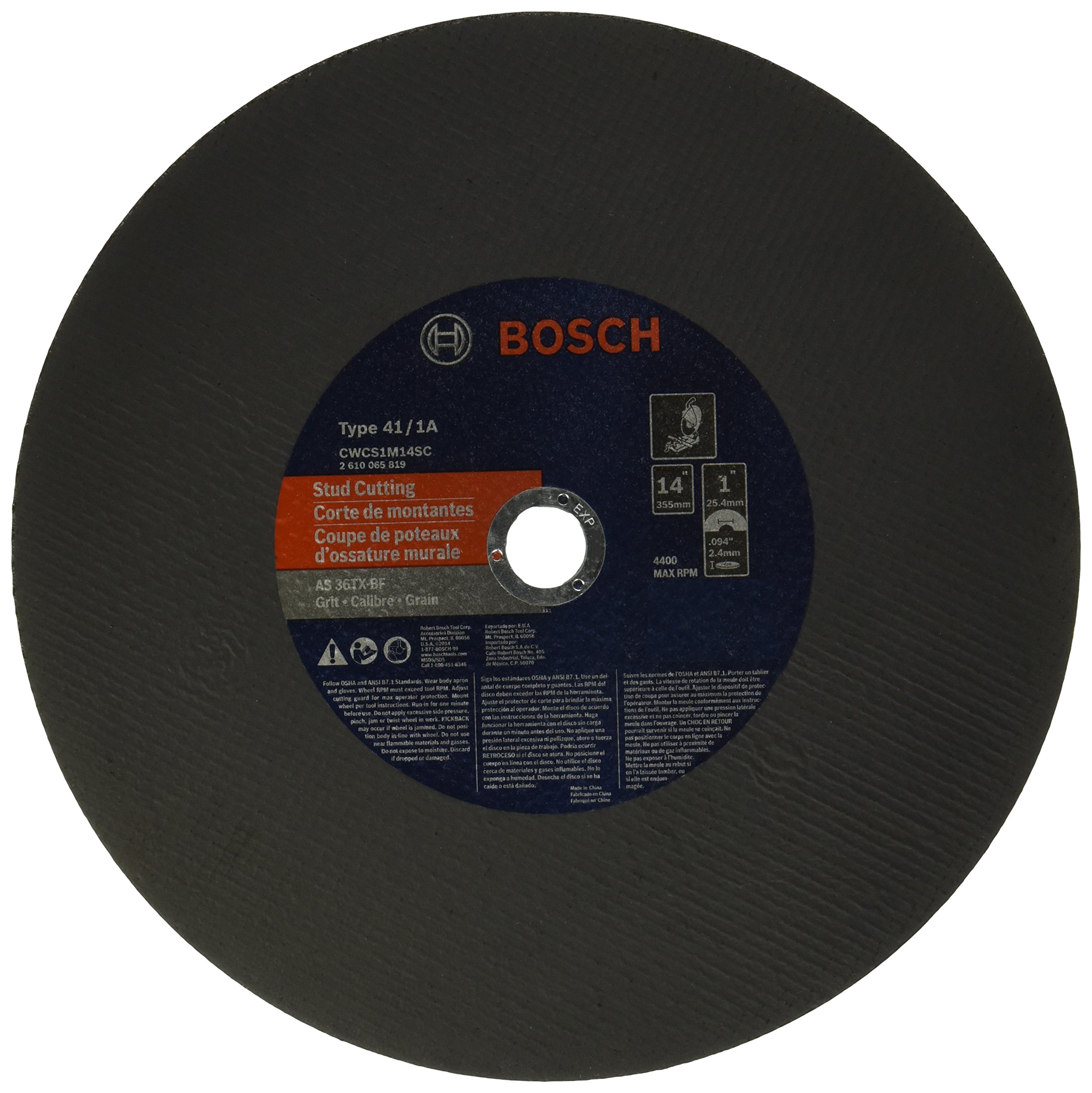 BOSCH CWCS1M14SC 14 In. 3/32 In. 1 In. Arbor Type 1A (ISO 41) 36 Grit Metal Stud/Stainless Cutting Bonded Abrasive Wheel