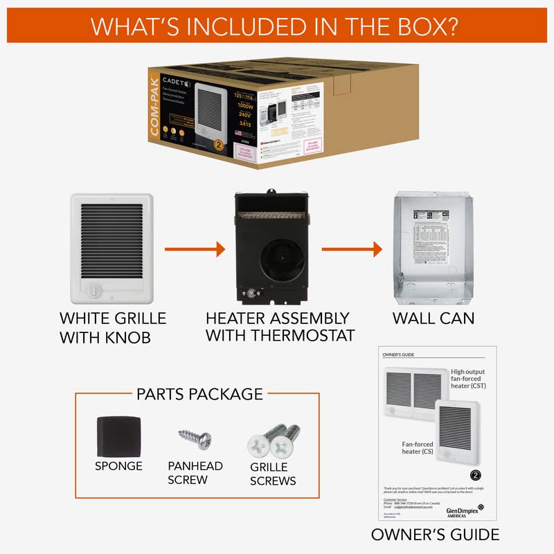 Cadet Com-Pak Electric Wall Heater Complete Unit with Thermostat (Model: CSC151TW, Part: 67509), 5120 BTU, 120 Volt, 1500 Watt, White