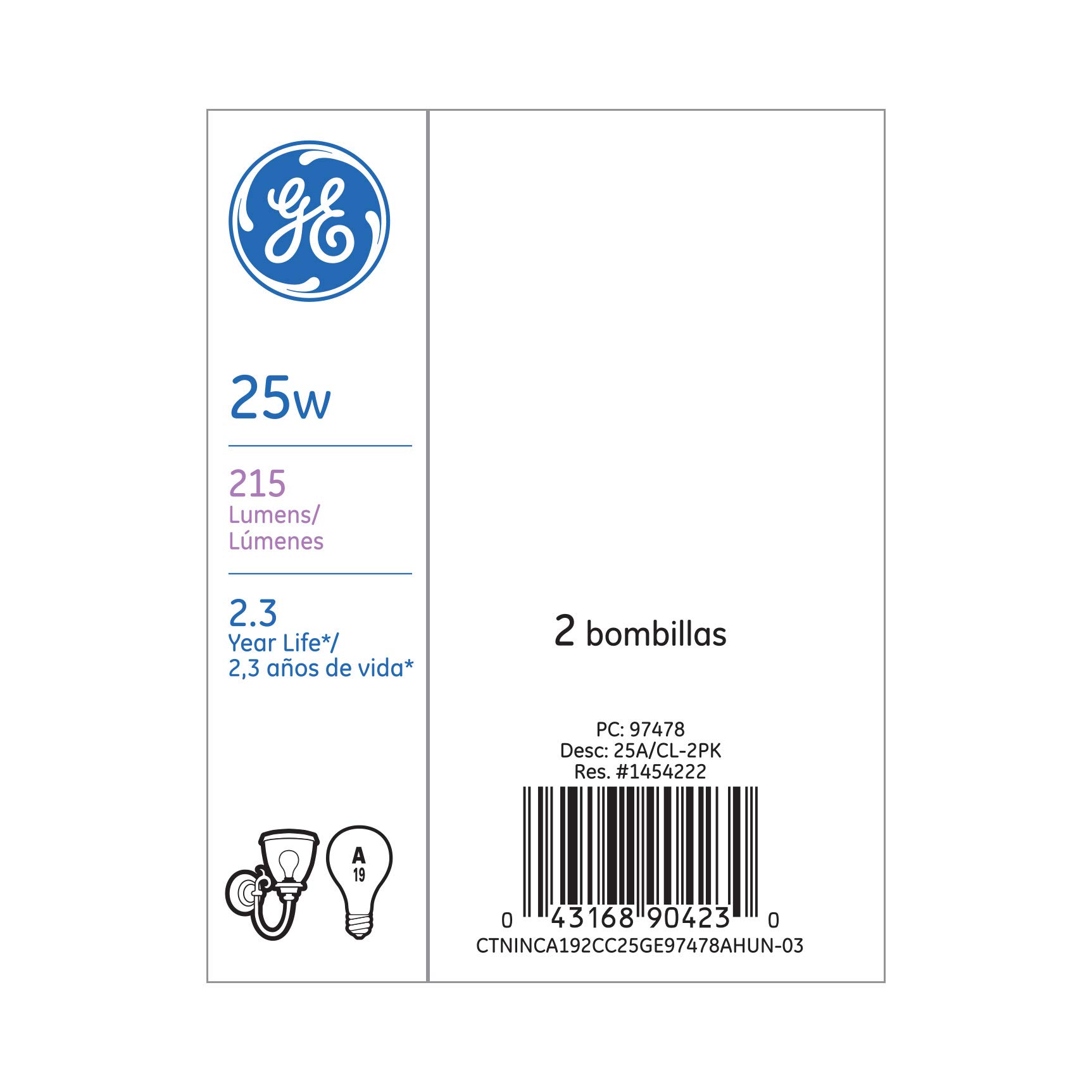 GE 97478 25-Watt 215-Lumen Decorative A19 Incandescent Light Bulb, Crystal Clear, 2-Pack