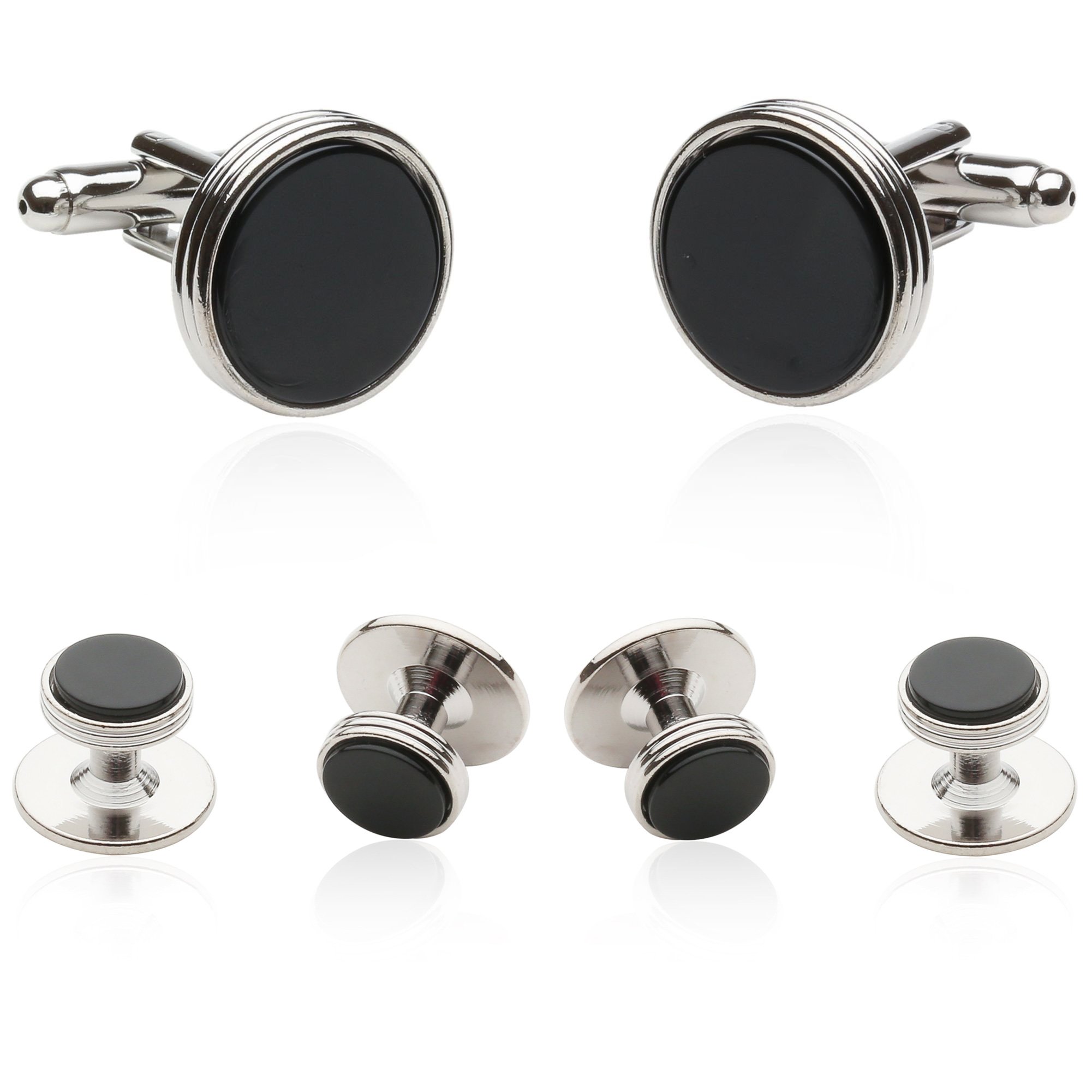 Mens Black Tuxedo Cufflinks and Studs Formal Set in Onyx and Silver with Travel Presentation Gift Box Men Cufflinks for Wedding Groomsmen Jewelry - Cufflinks and Studs Men Tuxedo