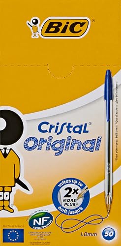 Bic Cristal Original Ballpoint Pens, Medium Point (1.0 mm) Every-Day Writing Pens with Clear Barrel, Blue, Box of 50