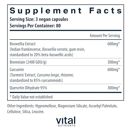 Vital Nutrients BCQ | Vegan Boswellia, Bromelain, Curcumin & Quercetin Supplement | Joint Support Supplement | Supports Sinus & Digestive Health | Gluten, Dairy, Soy Free | 240 Capsules