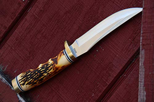 Uncle Henry 153UH Golden Spike Fixed Blade Knife with 5in High Carbon S.S. Blade, Staglon Handle, Sharpening Stone, Full Tang, and Leather Sheath for Hunting, Skinning, Camping, and Outdoors