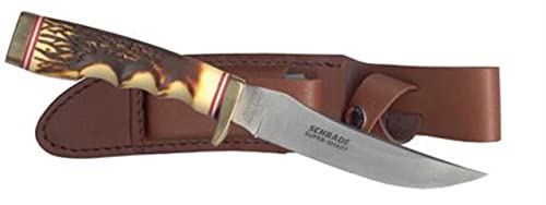 Uncle Henry 153UH Golden Spike Fixed Blade Knife with 5in High Carbon S.S. Blade, Staglon Handle, Sharpening Stone, Full Tang, and Leather Sheath for Hunting, Skinning, Camping, and Outdoors