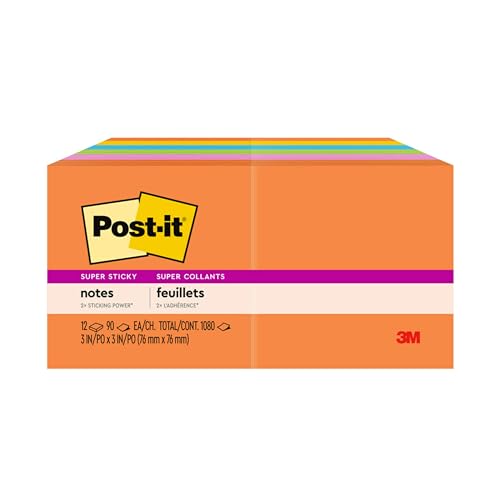 Post-it Super Sticky Notes, 3x3 in, 2x the Sticking Power, Assorted Bright Colors, Recyclable (pack of 12)