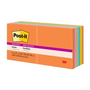 Post-it Super Sticky Notes, 3x3 in, 2x the Sticking Power, Assorted Bright Colors, Recyclable (pack of 12)