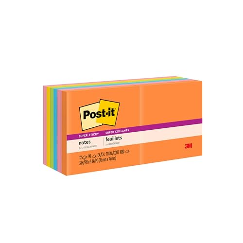 Post-it Super Sticky Notes, 3x3 in, 2x the Sticking Power, Assorted Bright Colors, Recyclable (pack of 12)