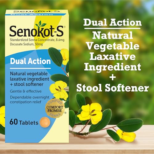 Senokot-S Dual Action 60 Tablets, Natural Vegetable Laxative Ingredient Plus Stool Softener Tablets, Gentle Dependable Overnight Relief Of Occasional Constipation White