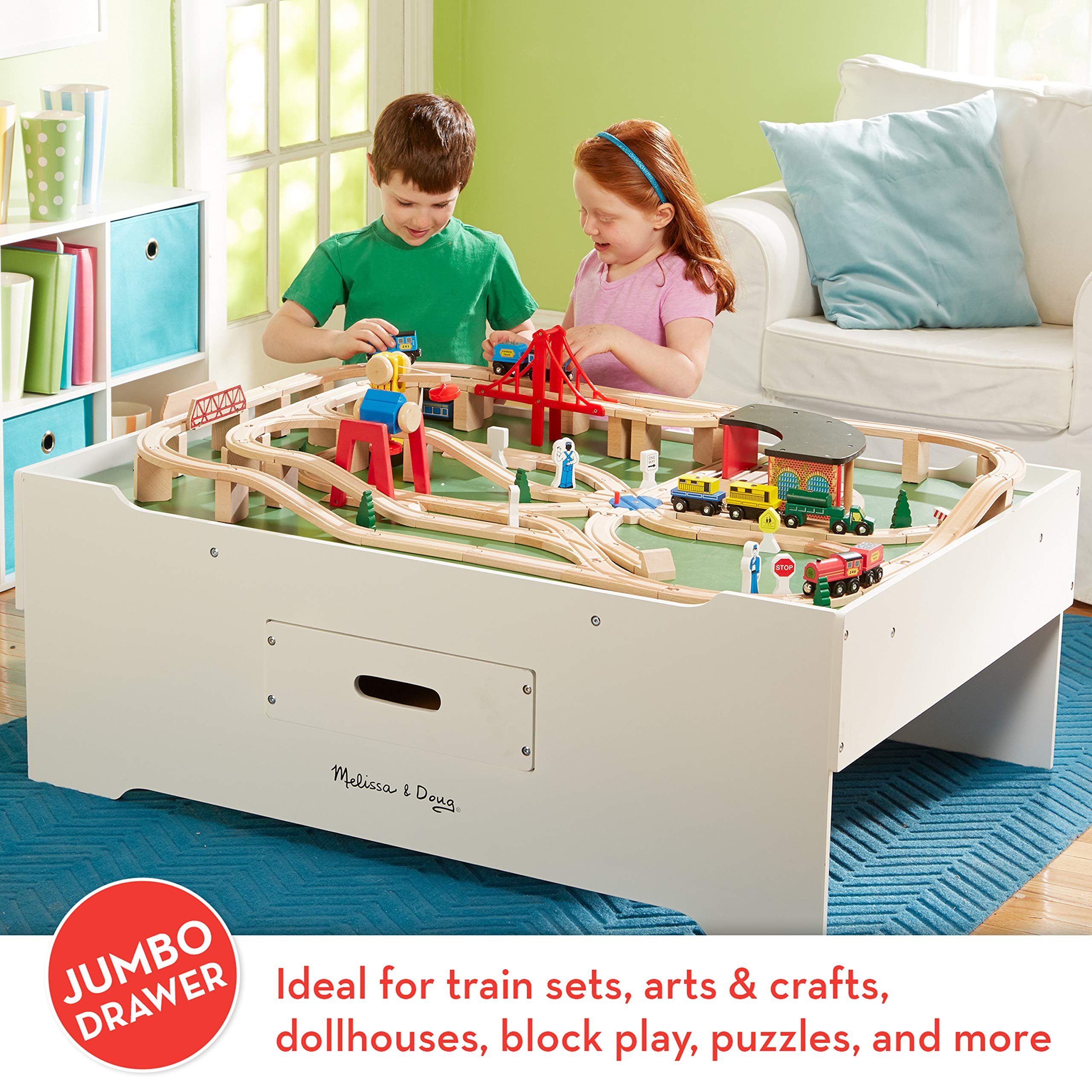 Melissa & Doug Deluxe Wooden Multi-Activity Play Table for Playroom - Kids Activity Table With Storage, Furniture, Train Table, H: 57.5 x W: 25 x D: 5.7