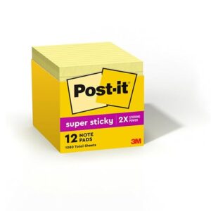 post-it super sticky notes, 4x4 in, 12 pads, 2x the sticking power, canary yellow, recyclable (675-12sscp)