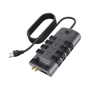 belkin surge protector power strip w/ 8 rotating & 4 standard outlets - 8ft sturdy extension cord w/ flat pivot plug for home, office, travel, desktop & charging brick - 4320 joules of protection