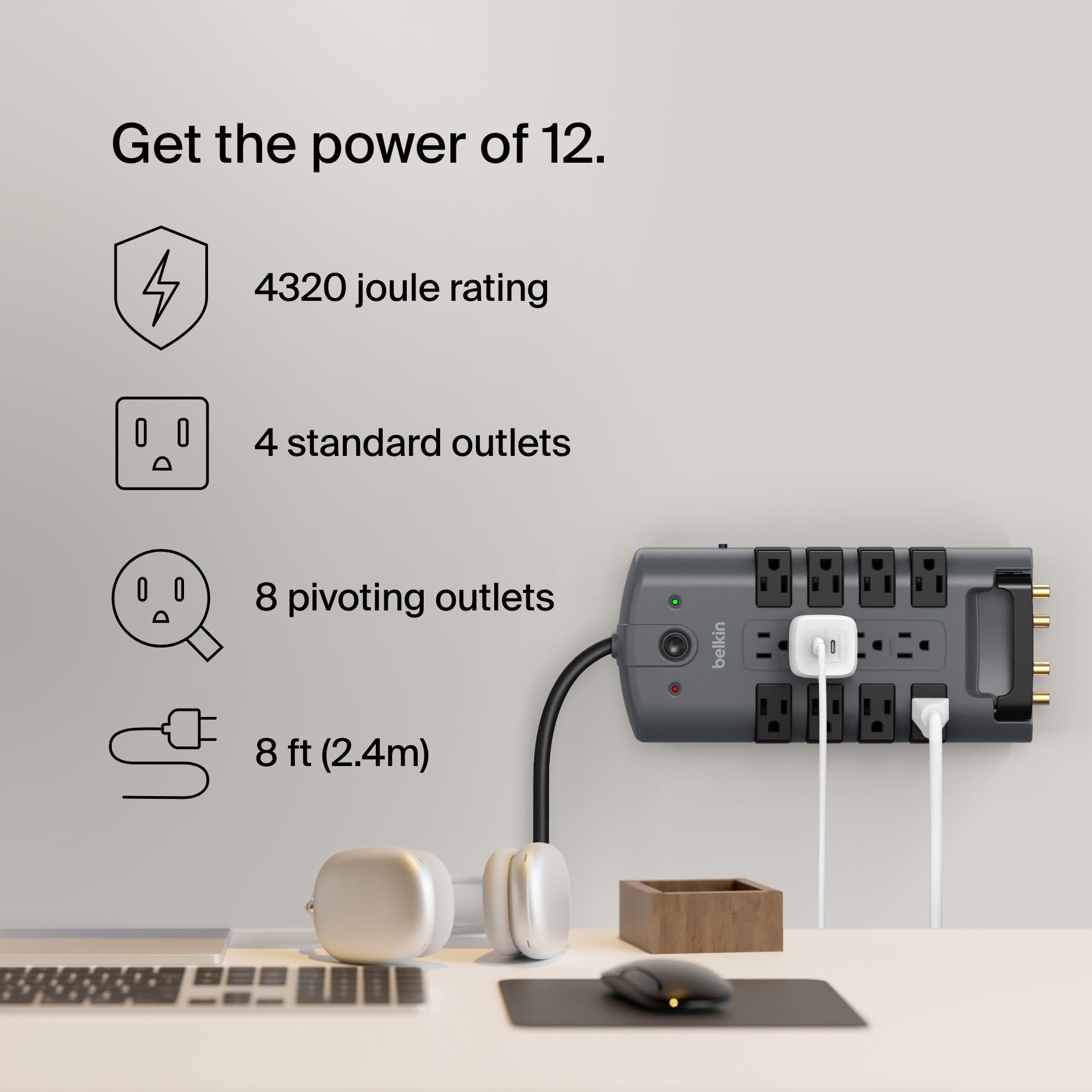 Belkin Surge Protector Power Strip w/ 8 Rotating & 4 Standard Outlets - 8ft Sturdy Extension Cord w/ Flat Pivot Plug for Home, Office, Travel, Desktop & Charging Brick - 4320 Joules of Protection