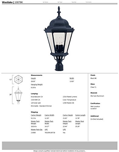 Maxim 1007BK I Westlake Collection 28 Inch Three-Light Dimmable and LED Compatible Outdoor Pole/Post Lantern - Black Finish I 120 Watts I Modern Contemporary Light Fixture I