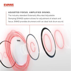 Evans EMAD2 Clear Bass Drum Head, 20” – Externally Mounted Adjustable Damping System Allows Player to Adjust Attack and Focus – 2 Foam Damping Rings for Sound Options - Versatile for All Music Genres