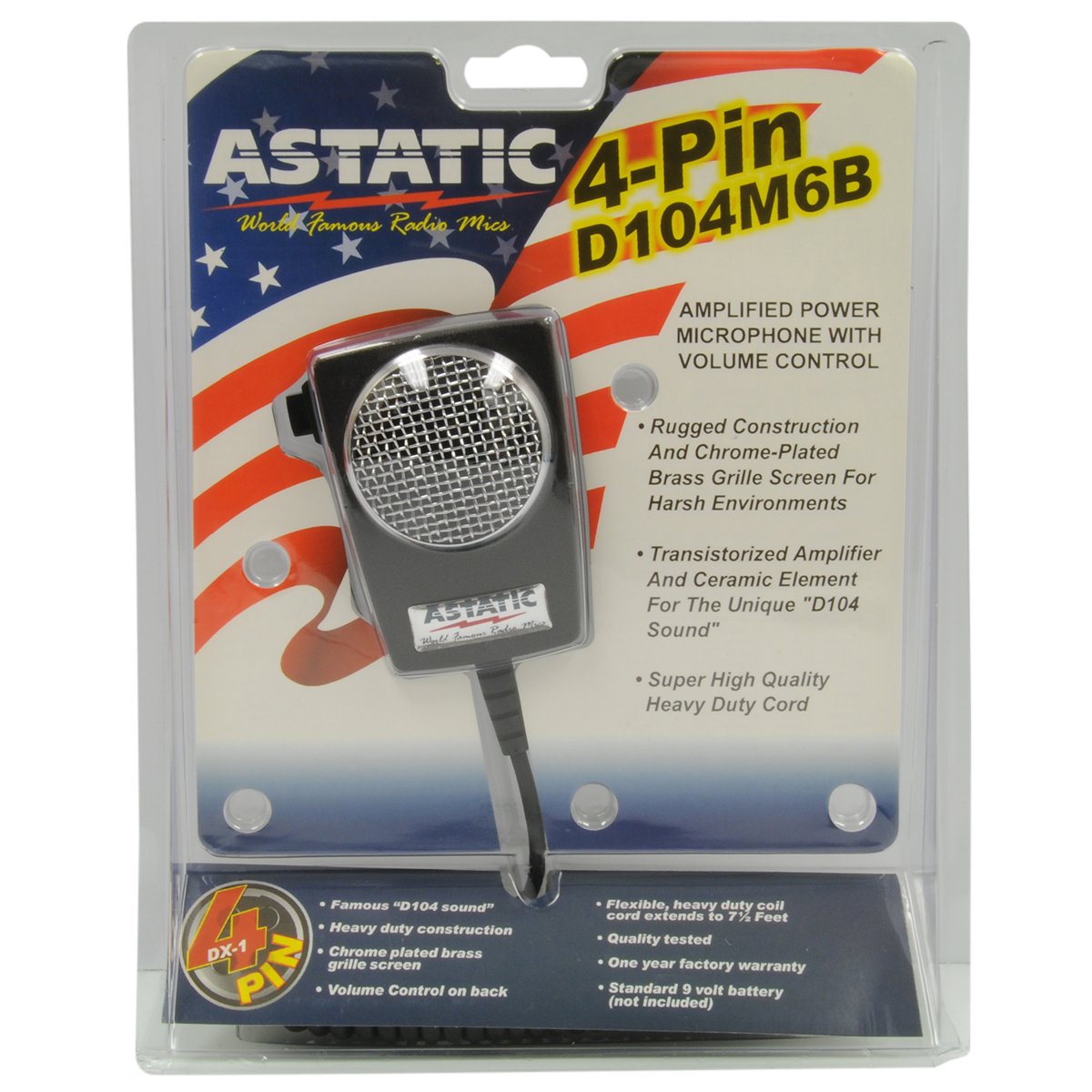 Astatic 302-10005 D104M6B Amplified Ceramic Power 4-Pin CB Microphone, Black