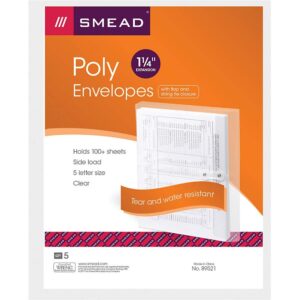 Smead Poly Envelope, 1 1/4 Inch Expansion, String-Tie Closure, Side Load, Letter Size, Clear, 5 per Pack (89521)