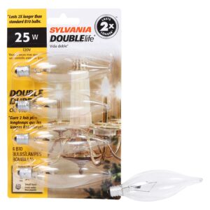 SYLVANIA Double Life Incandescent Light Bulb, B10, 25W, 150 Lumens, 2850K, Candelabra Base, Clear, Soft White - 4 Pack (13306)