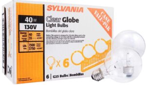 sylvania incandescent g25 décor globe light bulb, 40w, dimmable, e26 medium base, clear, 2850k, warm white - 6 pack (14191)