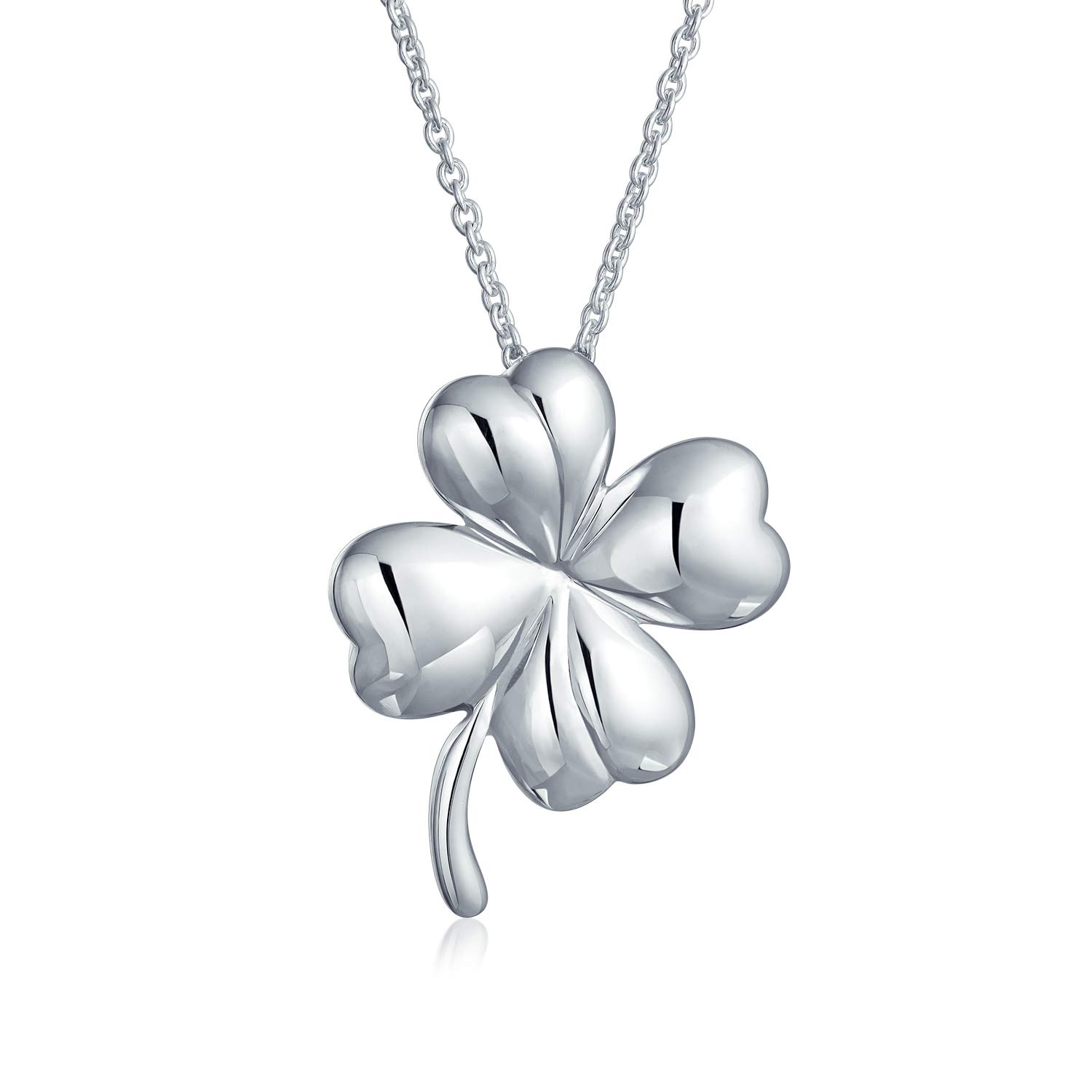 Good Luck Fortune Irish Shamrock Shape Lucky Charm Four Leaf Clover Pendant Necklace For Women Teen Polished .925 Sterling Silver