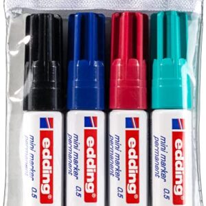 edding 0.5 mini permanent marker - black, blue, turquoise, red - 4 pens - fine round nib 1 mm - waterproof, quick-drying - smudge-proof - mini marker for cardboard, plastic, wood, metal