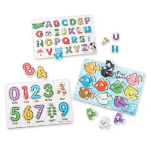 melissa & doug classic wooden peg puzzles (set of 3) - numbers, alphabet, and colors - toddler learning toys, alphabet and numbers puzzles for kids ages 3+