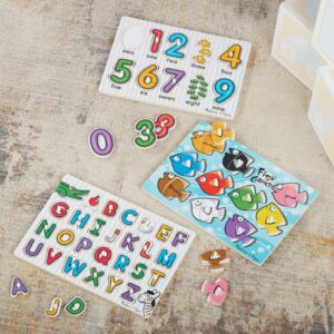 Melissa & Doug Classic Wooden Peg Puzzles (Set of 3) - Numbers, Alphabet, and Colors - Toddler Learning Toys, Alphabet And Numbers Puzzles For Kids Ages 3+