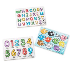 Melissa & Doug Classic Wooden Peg Puzzles (Set of 3) - Numbers, Alphabet, and Colors - Toddler Learning Toys, Alphabet And Numbers Puzzles For Kids Ages 3+