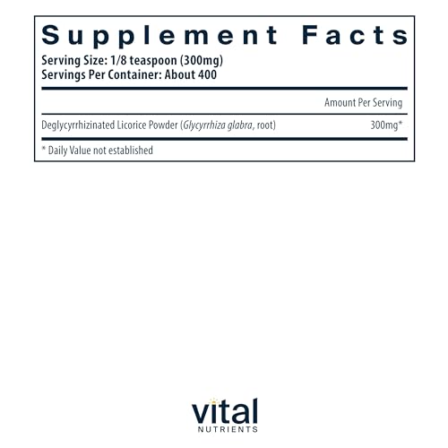 Vital Nutrients DGL Powder | Vegan Supplement | DGL Licorice Root Extract to Support Healthy Stomach Lining and Digestive Tract* | Gluten, Dairy and Soy Free | Non-GMO | 120 Grams