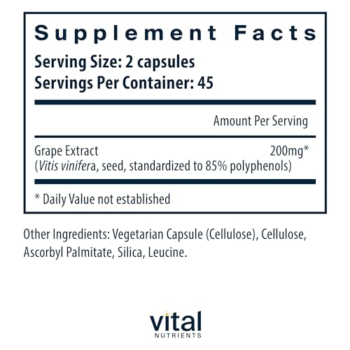 Vital Nutrients - Grape Seed Extract - Potent Antioxidant and Support for Vein Health - 90 Vegetarian Capsules per Bottle - 100 mg