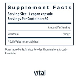 Vital Nutrients Melatonin 20mg | Vegan | Sleep Supplement to Support the Body's Natural Sleep Cycle* | Gluten, Dairy, Soy Free | 60 Capsules