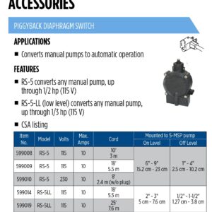 Little Giant 599019 RS-5LL 115 Volt Piggyback Diaphragm Switch, 1/3 hp - 10 amps