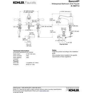 KOHLER 10577-4-SN Bancroft Widespread Bathroom Sink Faucet, 1.2 gpm, Vibrant Polished Nickel