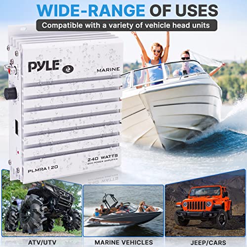 Pyle Hydra Marine Amplifier - Upgraded Elite Series 240 Watt 4 Channel Audio Amplifier - Waterproof, 4-8 Ohm Impendance, GAIN Level Controls, RCA Stereo Input & LED Indicator (PLMRA120)