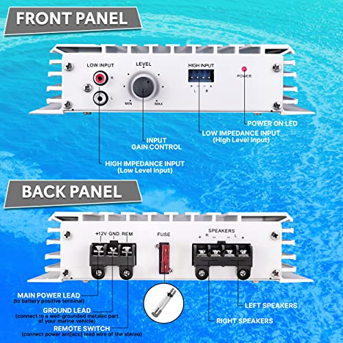 Pyle Hydra Marine Amplifier - Upgraded Elite Series 240 Watt 4 Channel Audio Amplifier - Waterproof, 4-8 Ohm Impendance, GAIN Level Controls, RCA Stereo Input & LED Indicator (PLMRA120)