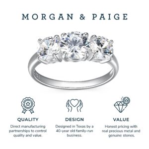 MORGAN & PAIGE Round Cut Cubic Zirconia Ring - Prong-Set Three Stone Engagement Ring/Promise Rings For Women With Real 925 Sterling Silver Band - Size 7