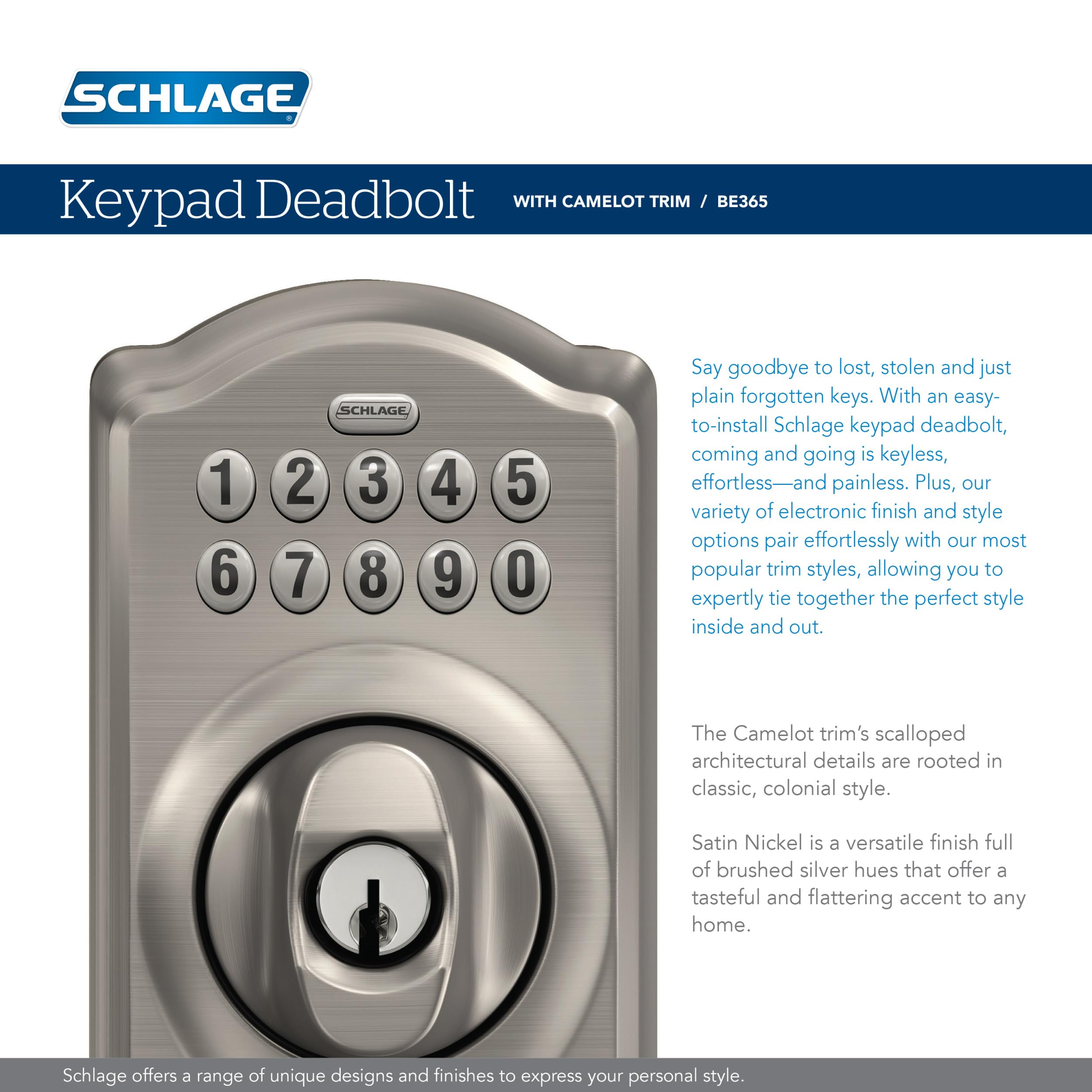 Schlage BE365 V CAM 619 Camelot Keypad Deadbolt, Electronic Keyless Entry Lock, Satin Nickel